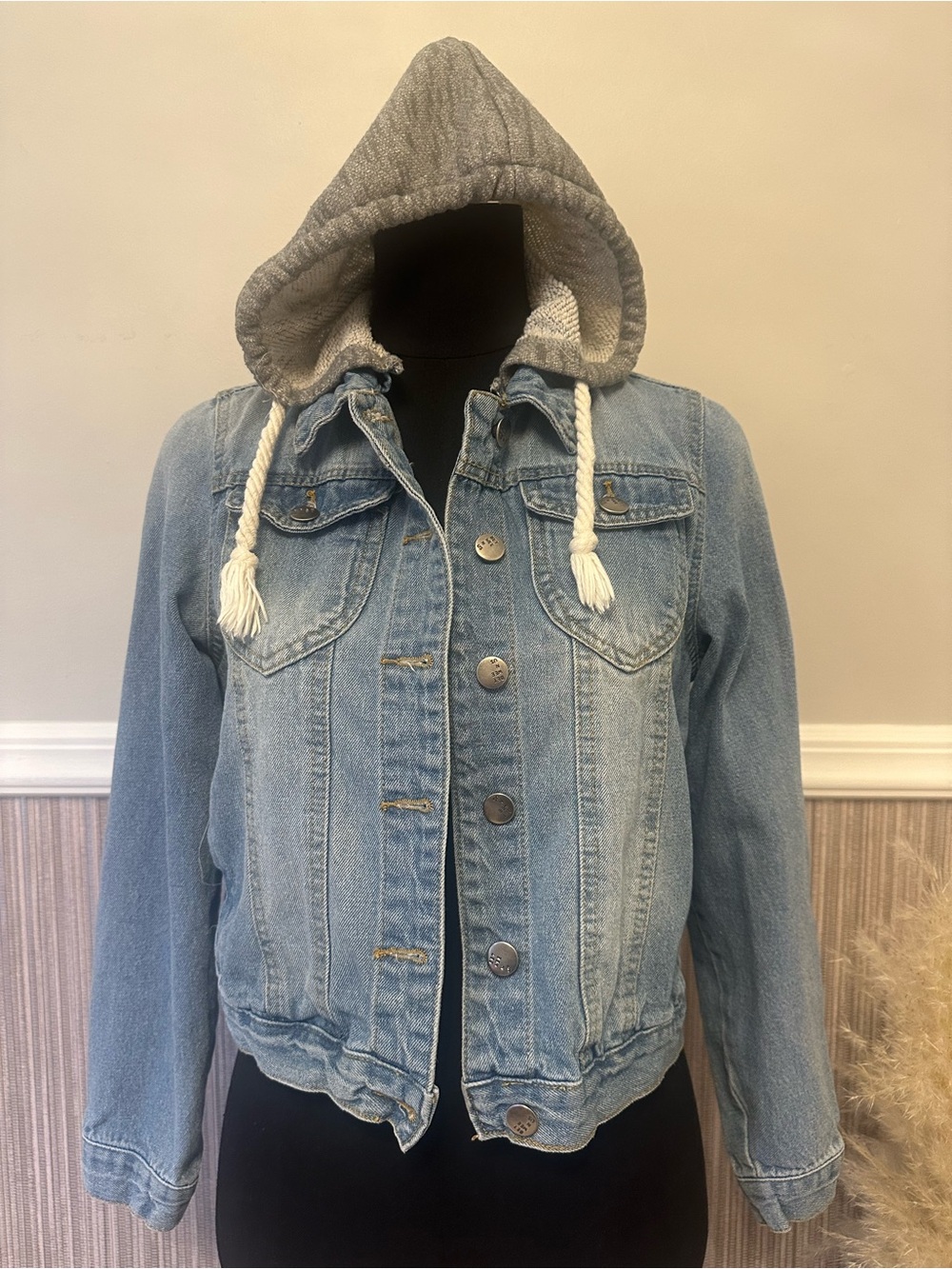 Between Us Hooded Denim Jacket Small Gray Knit Hood Light Wash 100% Cotton